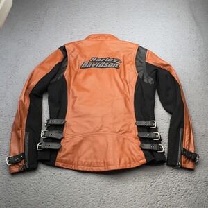 Harley Davidson Jacket Women Large Orange Black Leather Moto Buckle Strap Riding